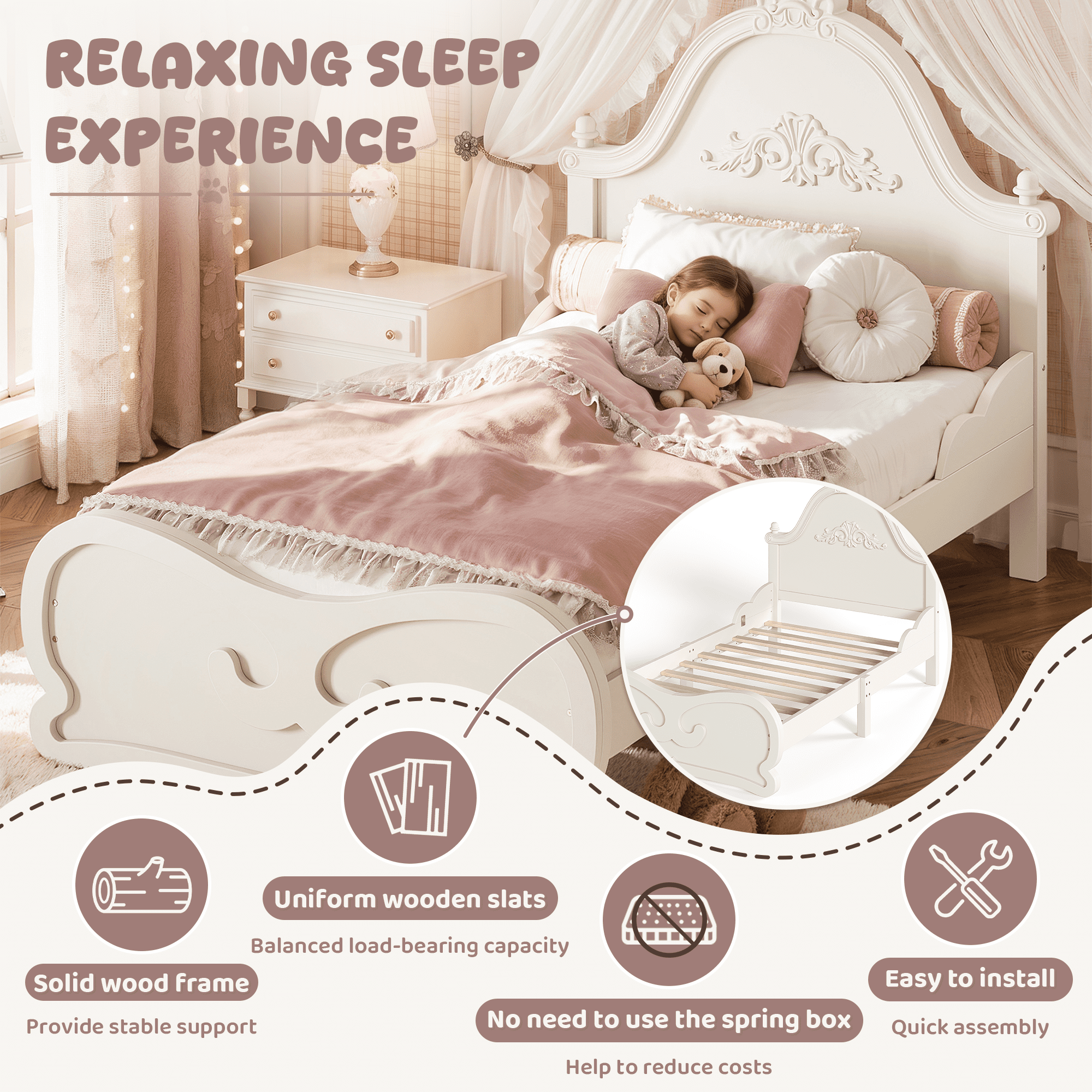 HOQBN Twin Size Vintage Carved Platform Bed with Headboard, Solid Wood Bed Frame with Slatted Support, Low Profile Platform Bed for Kid Teens, Beige