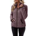thumbnail image 3 of Women's Full Zip Fleece Jacket, Stand Collar Plush Top, Long Sleeve Soft Outerwear, Lightweight Cardigan with Pockets, Casual Winter Coat, Autumn Comfort Wear Dark Purple XL, 3 of 6