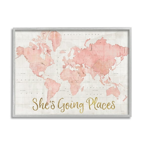 Stupell Industries She's Going Places Quote Pink Watercolor World Map Gray Framed Art Print Wall Art, 24x30, by Sue Schlabach