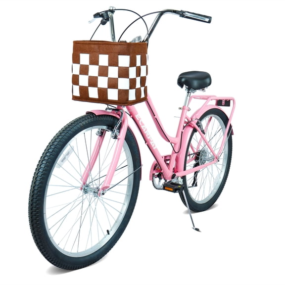 Raistyw 26" Women’s Cruiser Bikes, 7-Speed Lightweight City Commuter Bicycle with V-Brakes and Detachable Basket, Fits Ages 15 Years Old, Pink