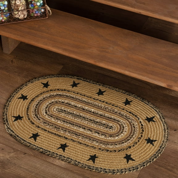 VHC Brands Kettle Grove Primitive Jute Tan Accent Rug Stencil Stars Border Oval w/Floor Pad 20"x30"
