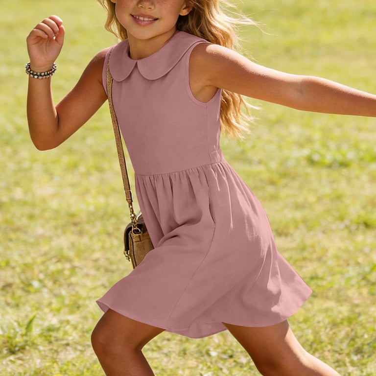 Eltusu Girls Summer Dresses, Knee Length Sleeveless Cotton Line Turn Down Collar Casual Dresses Pink Size 6-7 T
