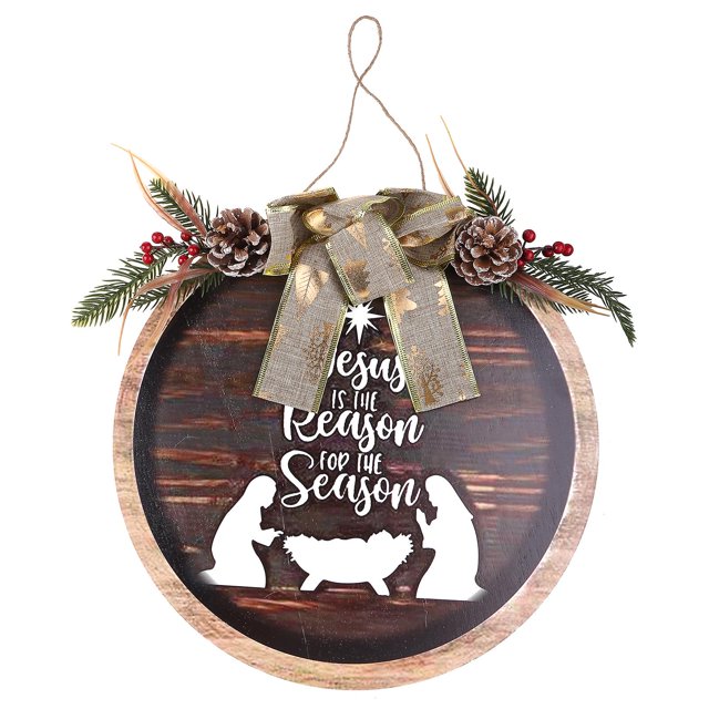 Escena navideña de Navidad, corona de madera con lazo, piñas, cartel colgante rústico, placa, decoración navideña, puerta delantera, Navidad, hogar, ventana, pared
