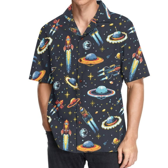 joogoo Men's Hawaiian Shirt Aliens and Space Short Sleeve Casual Button Down Shirts M