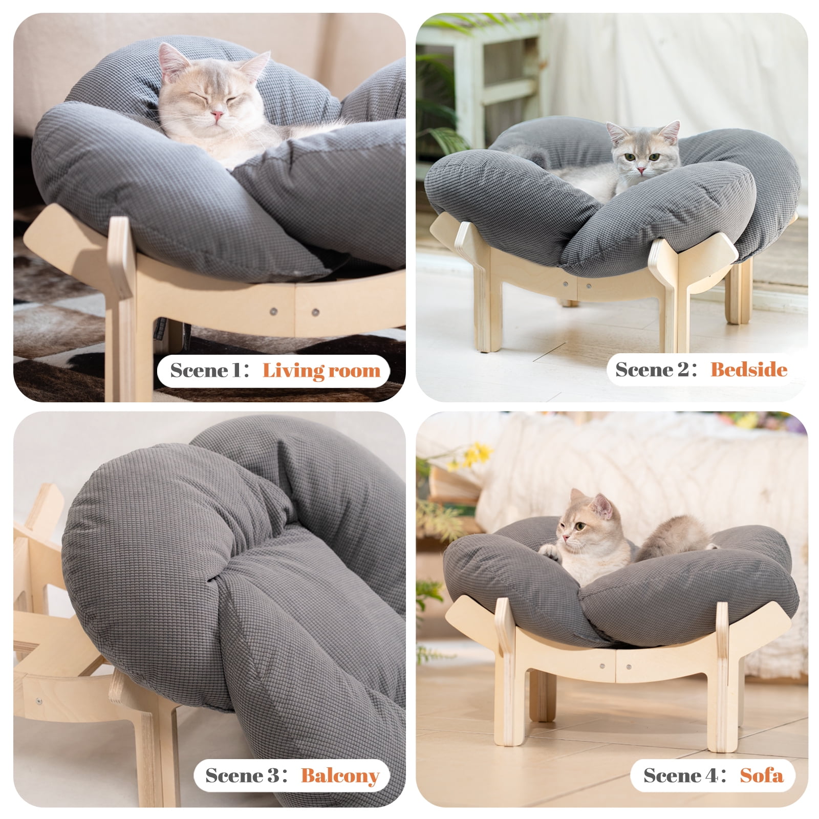 CheerPals Elevated Cat Bed, Washable Flower Pet Cushion with Sturdy Wooden Frame, Heavy-Duty Lounge Chair for Indoor Cats & Small Dogs, Gray