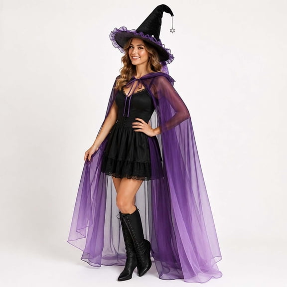Witch Costume, Witch Outfit, Witch Roleplay, Witch Cos, Witch Cosplay, Tulle Witch Cape With Hat Purple Sheer Long Cloak Black Dress Halloween Costume Set for Trick Or Treat-Cape Hat, Purple One Size