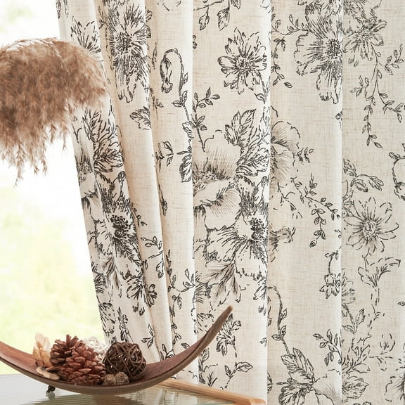 CURTAINKING Linen Curtains Floral Curtains for Living Room 90 Inch Length Black Printed Curtains Rod Pocket Back Tab Farmhouse Peony Flower Patterned Drapes Bedroom Window Curtain Set 2 Panels