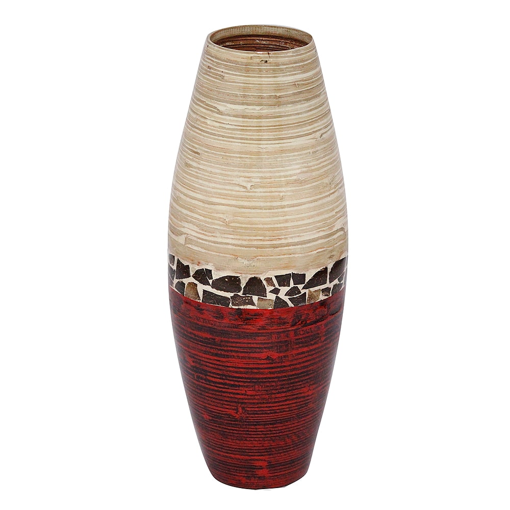 24" Spun Bamboo Vase Bamboo In Natural Bamboo And Metallic Red W
