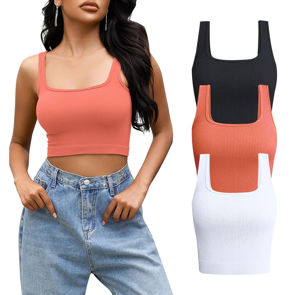 HERBSASY Women's Ribbed Tank Top, 3 Piece Seamless Crop Exercise Basic