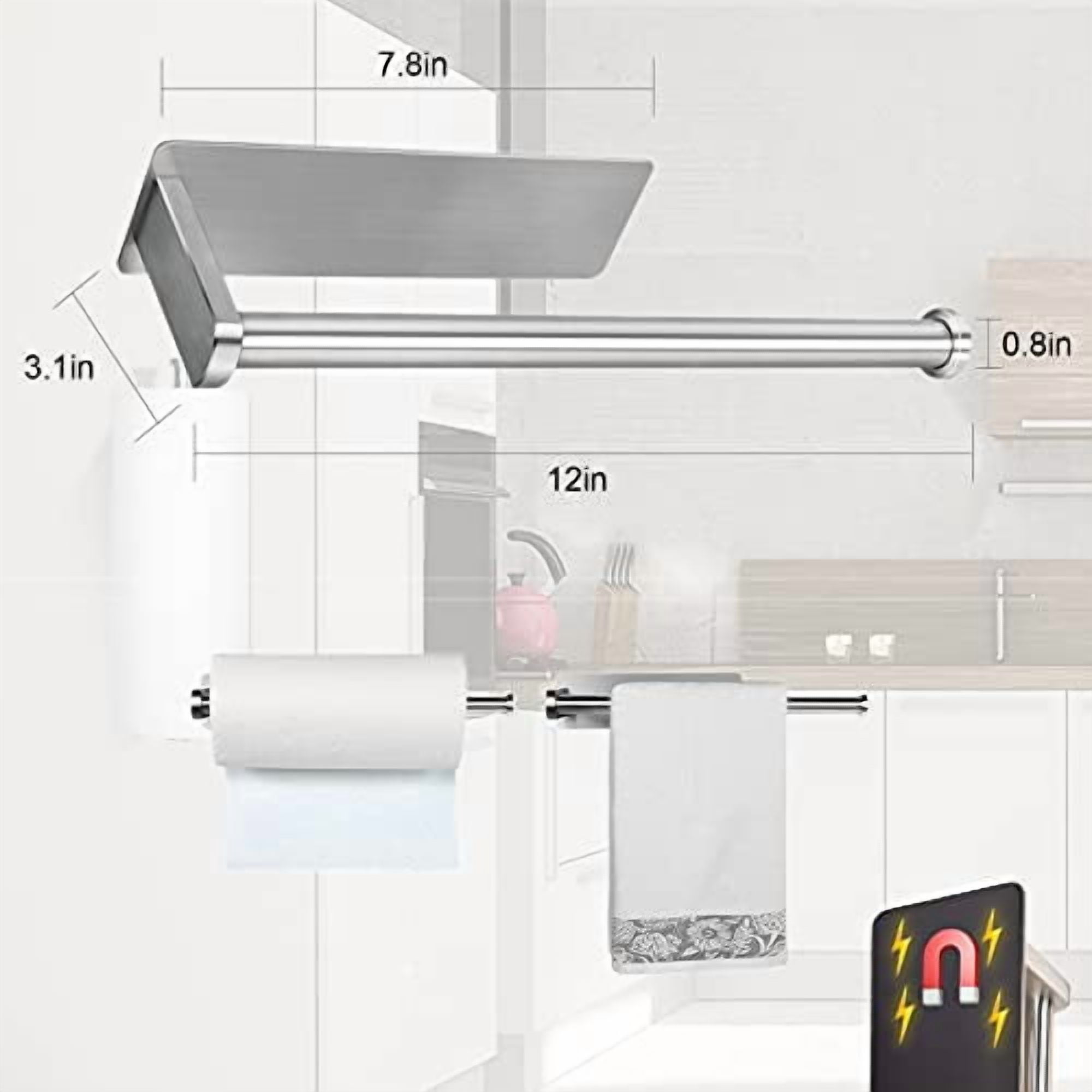 Magnetic Paper Towel Holder with Strong Backing for Large Rolls, Brushed Steel Design for Kitchen, Refrigerator, Grill, Toolbox, Garage, and Workshop Use