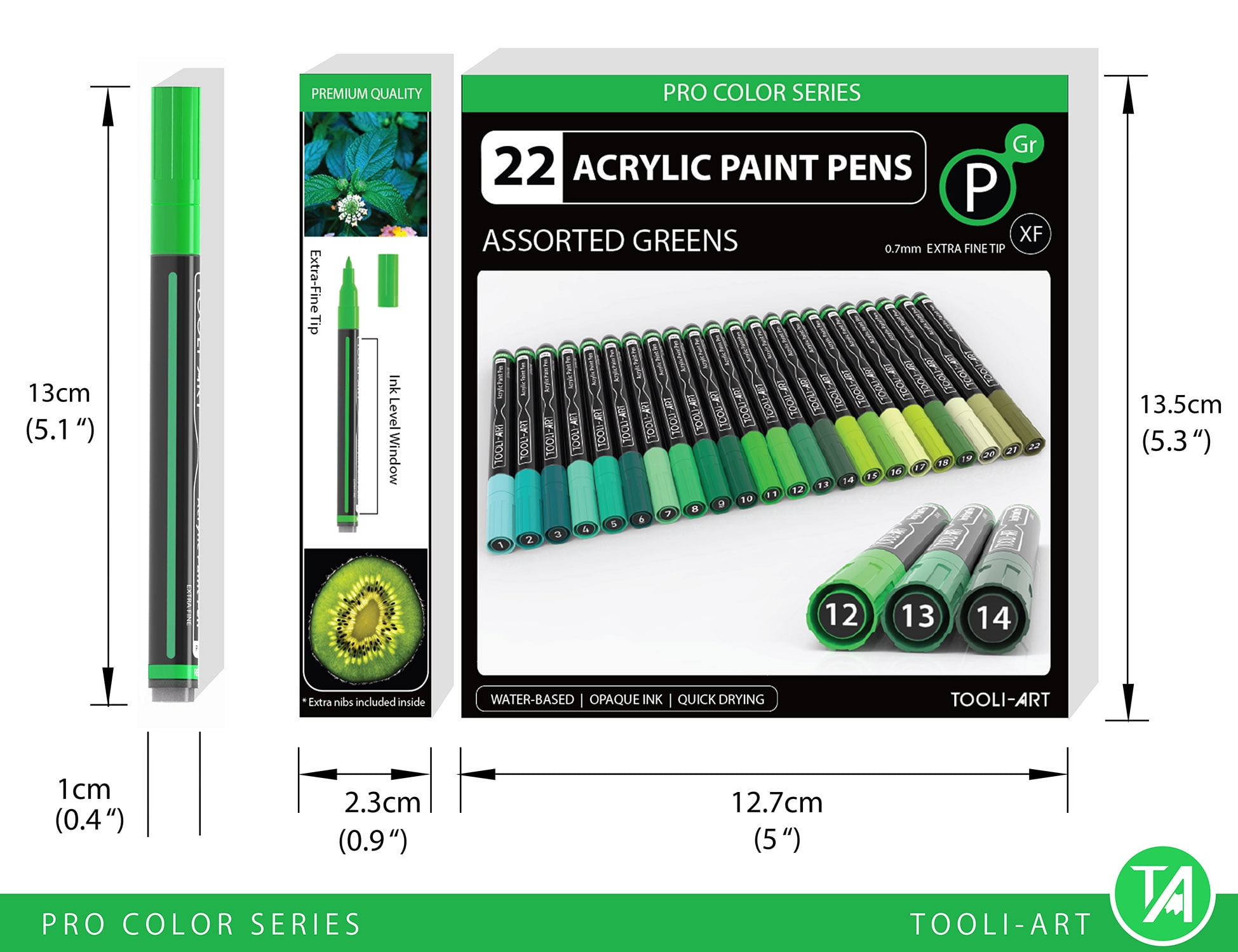 Tooli-Art  Acrylic Paint Pens Assorted Green Pro Color Series Markers for Rock Painting, Glass, Mugs, Wood, Metal, Canvas with 0.7mm Extra Fine Tip Waterbased, Quick Drying Marker Set of 22