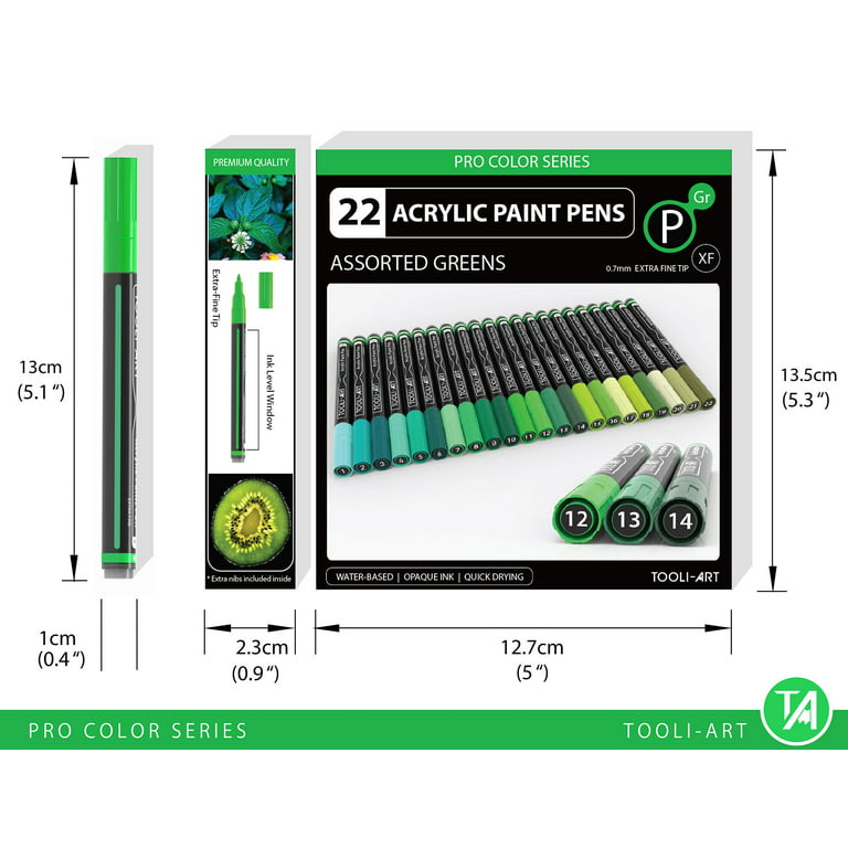 Acrylic Paint Pens 22 Assorted Green Pro Color Series Markers Set 0.7mm Extra Fine Tip for Rock Painting, Glass, Mugs, Wood, Metal, Canvas, DIY