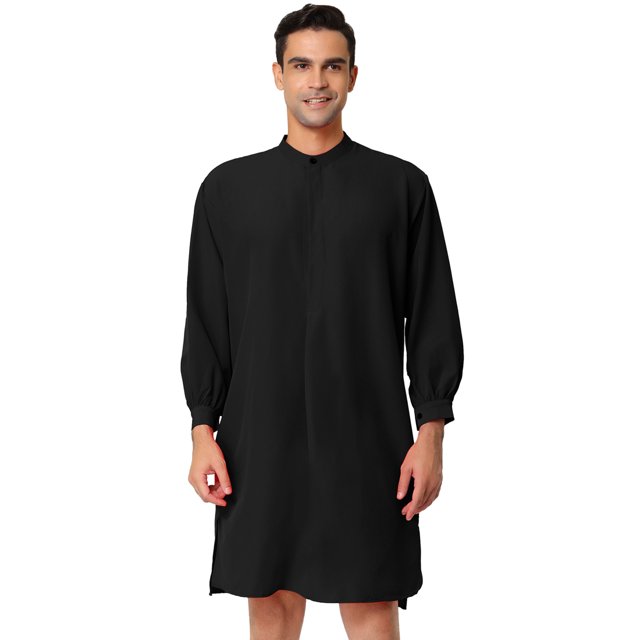 Lars Amadeus Camisón de manga larga para hombre, camisón ligero con cuello de banda, camisón para dormir Negro M Unique Bargains Camisón