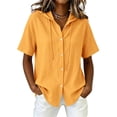 thumbnail image 6 of Feancey Womens Cotton Linen Hooded Shirt Short Sleeve Button Down Blouses Summer Casual Lightweight Hoodie Tops with Drawstring Yellow L, 6 of 8