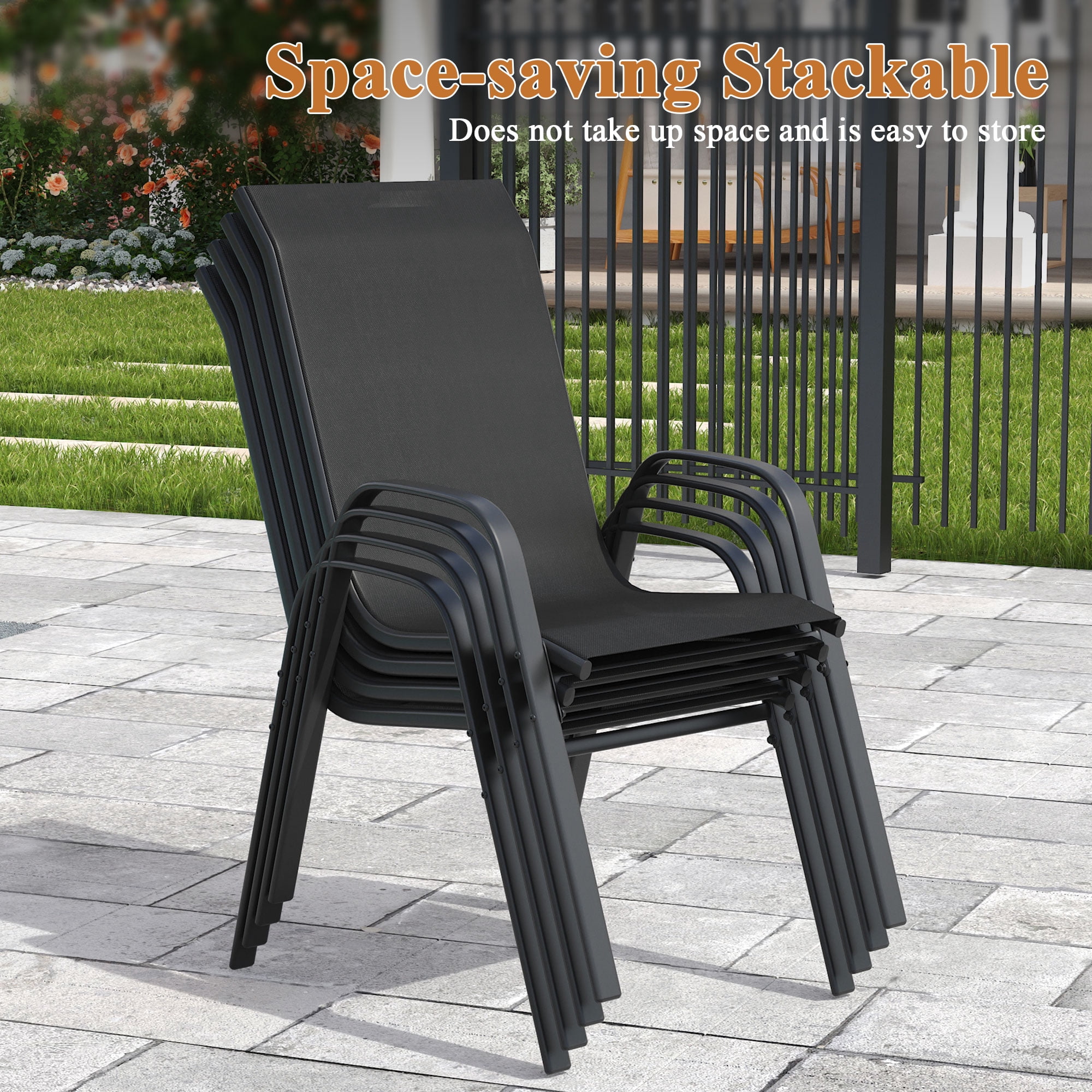 Vicllax Stackable Patio Dining Chairs Set of 6 , Modern Textilene Outdoor Chairs with Metal Frame for Garden, Backyard, Poolside,Black&Gray&Brown