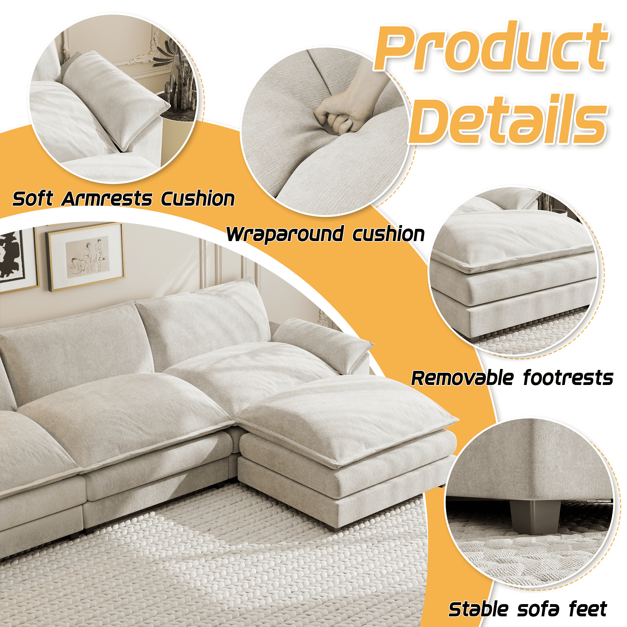 Homall 3-seat L-shaped Cloud Couch Sectional Sofa with reversible toffee chair Movable Footrest Sofa, White
