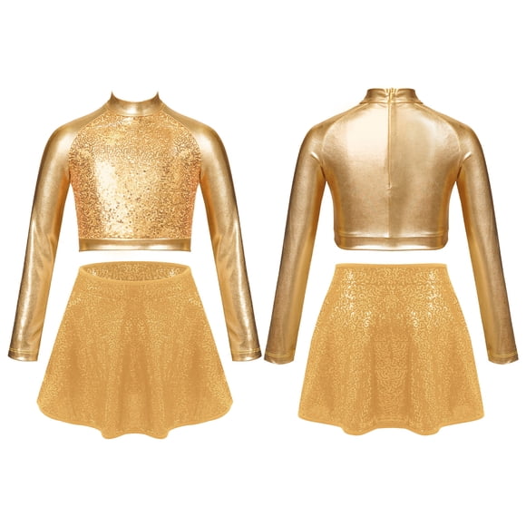 Aislor Child Girl's Disco Outfit 2 Pieces Ballet Dance Crop Top with Skirt Set Hip Hop Jazz Latin Dance Costume Gold 14