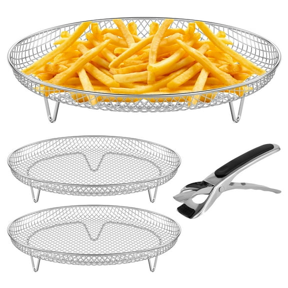 Grusce Air Fryer Rack, Stainless Steel 3 Layer Air Fryer Stand, Evenly Heated Baking Basket Tray, Stackable Grilling Rack for Baking