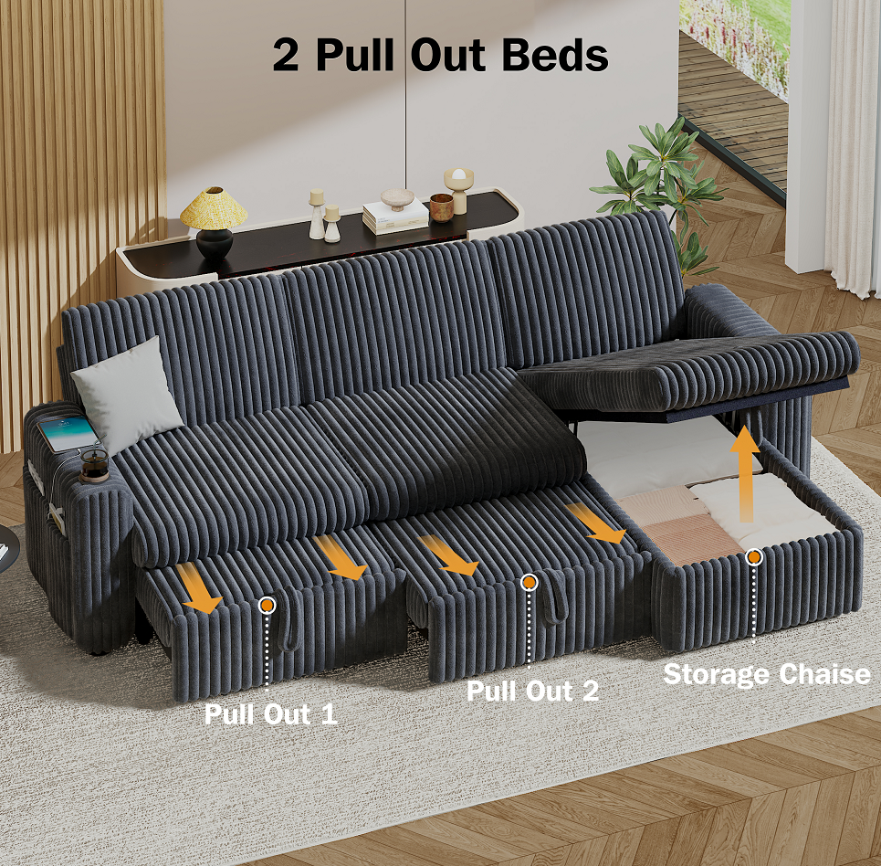101” Detachable Mattress Sleeper Sofa with Pull-Out Mattress - L-Shaped Design, Adjustable Backrest + Reversible Storage Chaise, USB Ports/Cup Holders, Quick Assembly, Soft Gray Corduroy