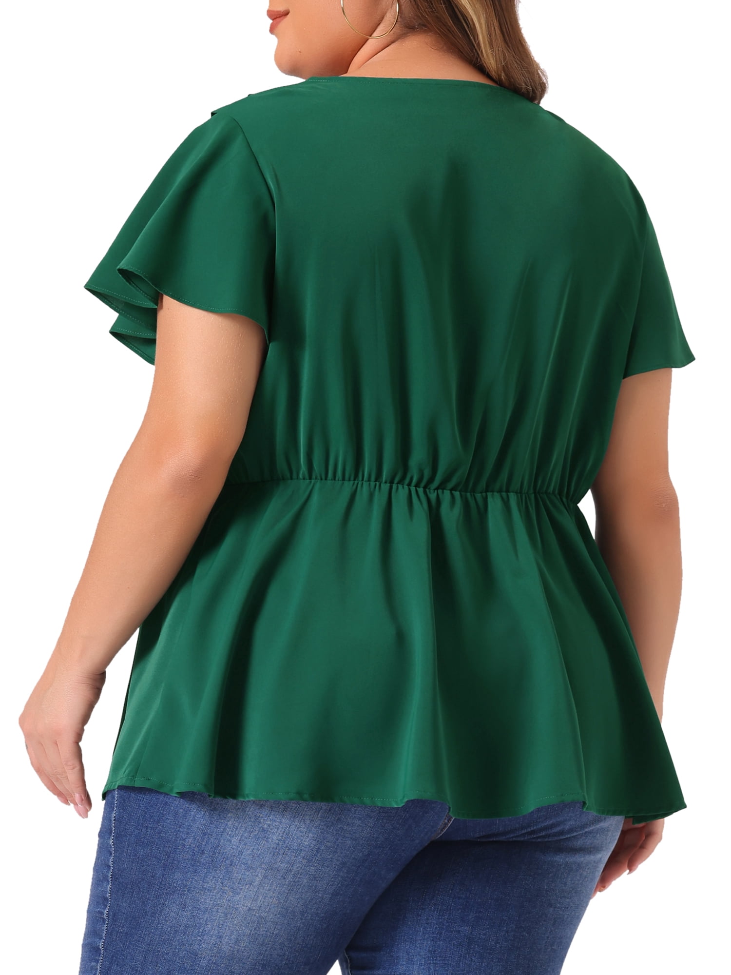 DARING DIVA Women's Plus Flare Sleeves V Neck Lace Front Peplum Blouse 3X Dark Green