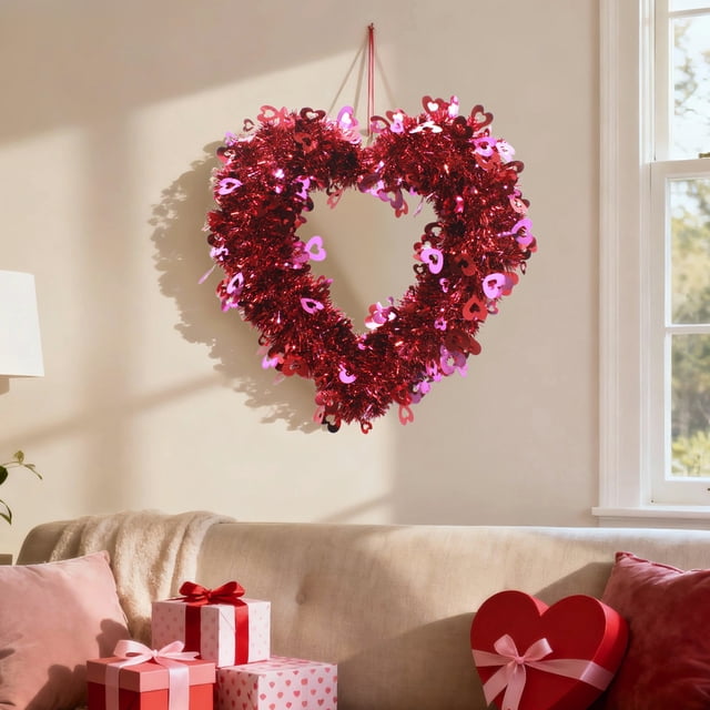 Guirlande Florale en Forme de Cœur de la Saint-Valentin / Décor Suspendu pour Mariage Fiançailles Anniversaire Fête / Couronne de Fleurs Rouges Artificielles pour Escalier Rampe Manteau Table à Manger / Décoration Intérieure de la Saint-Valentin