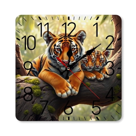 RKSupls 10×10inch Square Silent Wall Clock Wooden Frame, Tiger Family Portrait Scale Decorative Clock for Home Bedroom Living Room Office