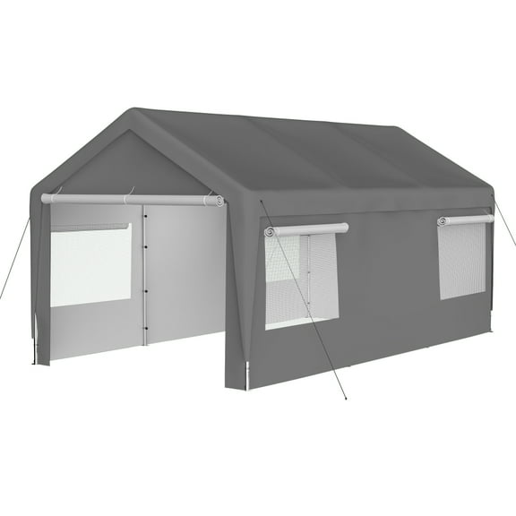 Outdoor Storage Shelter Shed Garage Galvanized Steel Roof, Motorcycle, Car and Truck Waterproof and UV Resistant Anti-Snow Portable Garage Kit Tent, 122.4x233.4x109in.