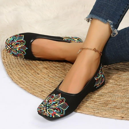 

50% off Summer! TMOYZQ Floral Embroidered Sandal for Women Summer Comfortable Round Toe Loafer Dress Flats Casual Foldable Ballet Flats Slip on Wedding Flat Shoes