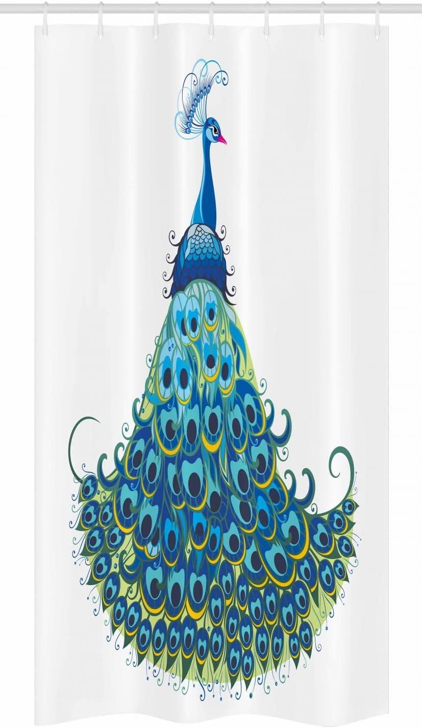Peacock Stall Shower Curtain, Peacock Illustration Floral Classical Curvy Design Tropics Wildlife Theme, Fabric Bathroom Decor Set with Hooks, 36" W x 72" L, Blue Yellow