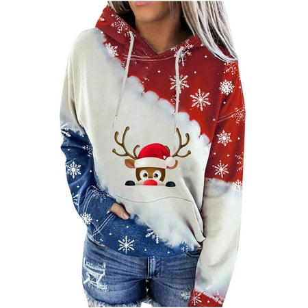 

jsaierl Women s Christmas Hooded Sweatshirts Long Sleeve Elk Pattern Top Round Neck Sweatshirt Vintage Pullover Christmas Gifts for Women