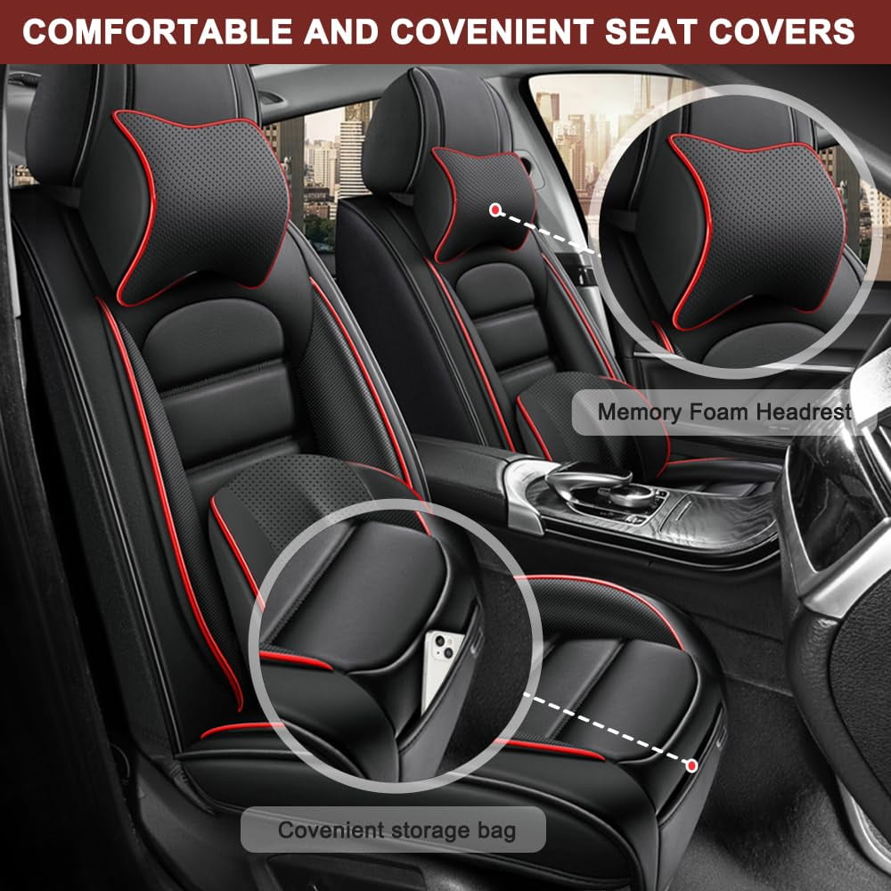 AFUNTIO Leather 5 Seat Covers for Jeep 99% Models,Luxury Car Seat Cushions Full Set,Waterproof Car Sit Protectors,Nonslip Interior Accessories(Black and Red)