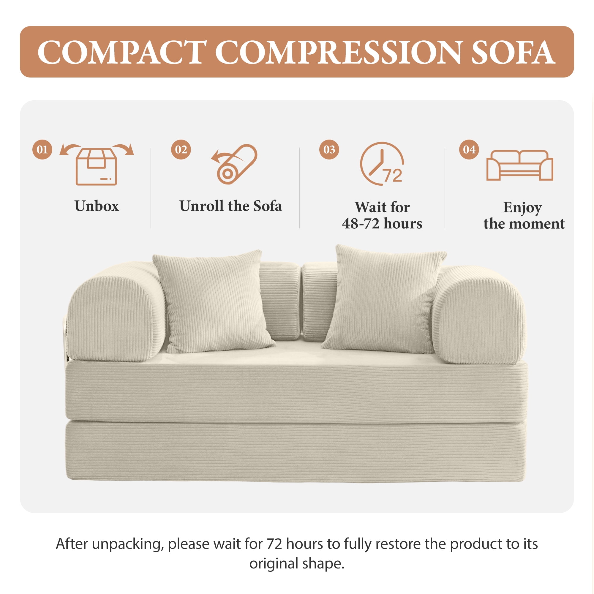 COOLHUT 63" W Combination Sofa, High Rebound Density Foam Sofa Couch, Two Forms Floor Couch Three Seats Sofa Bed for Living Room, Bedroom, Beige
