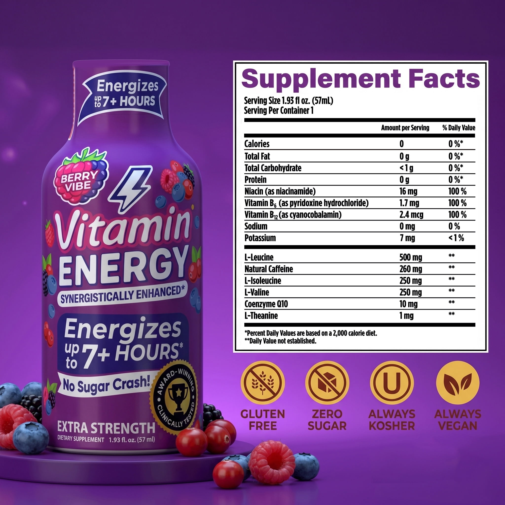 Vitamin Energy B12 Extra Strength Shot, Pink Berry, 12 Pack – 260mg Natural Caffeine, 11,000% DV B12 & B6, Zero Sugar, 1.93 fl oz
