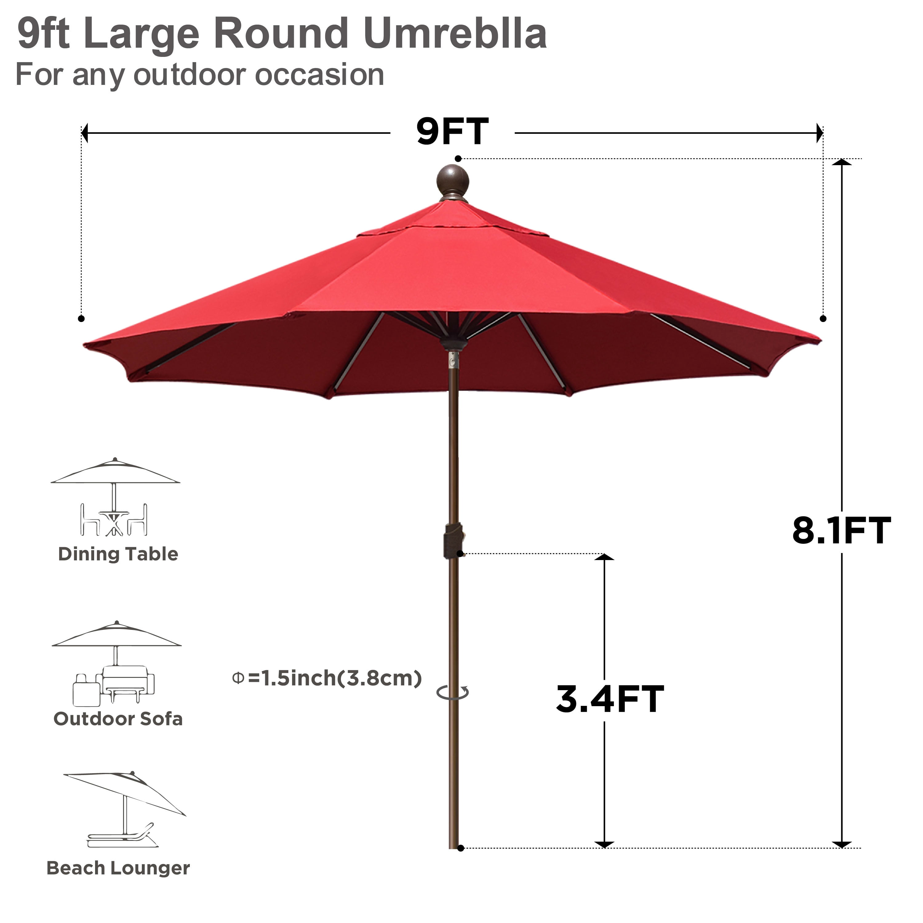EliteShade 9Ft Market Umbrella Patio Outdoor Table Umbrella with Ventilation and 5 Years Non-Fading Guarantee，Ruby