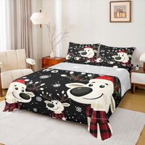 Homewish Kawaii Animal Deer 4 Pieces Queen Sheet Sets For Children Teens Adults,Happy Christmas Xmas Ultra Soft Flat Sheet,Winter Snowflake Queen Fitted Sheet,Super Cozy Room Decor