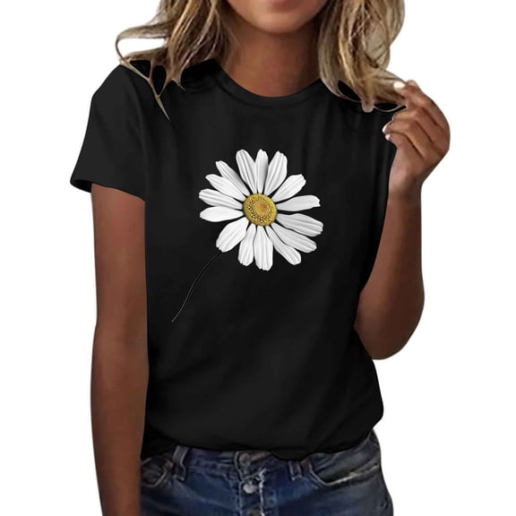 Tnhcen Women's Summer Cute Flower Print Short Sleeve T-Shirt - Basic Cotton Tops Plus Size S-2XL Florals Breathable Casual Summer Tops