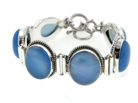 7.5" or 8" Heavy 40gram Sterling Silver Large Blue Chalcedony Cabochon Gemstone Toggle Bracelet by