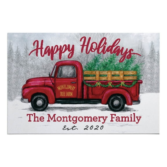Personalized Planet 27x18 Happy Holidays Red Christmas Tree Vintage Farm Tuck Doormat with Custom Personalization Printed on Rectangular 1/8” Thick Non Slip Mat for Kitchen Hallway Deck or Porch
