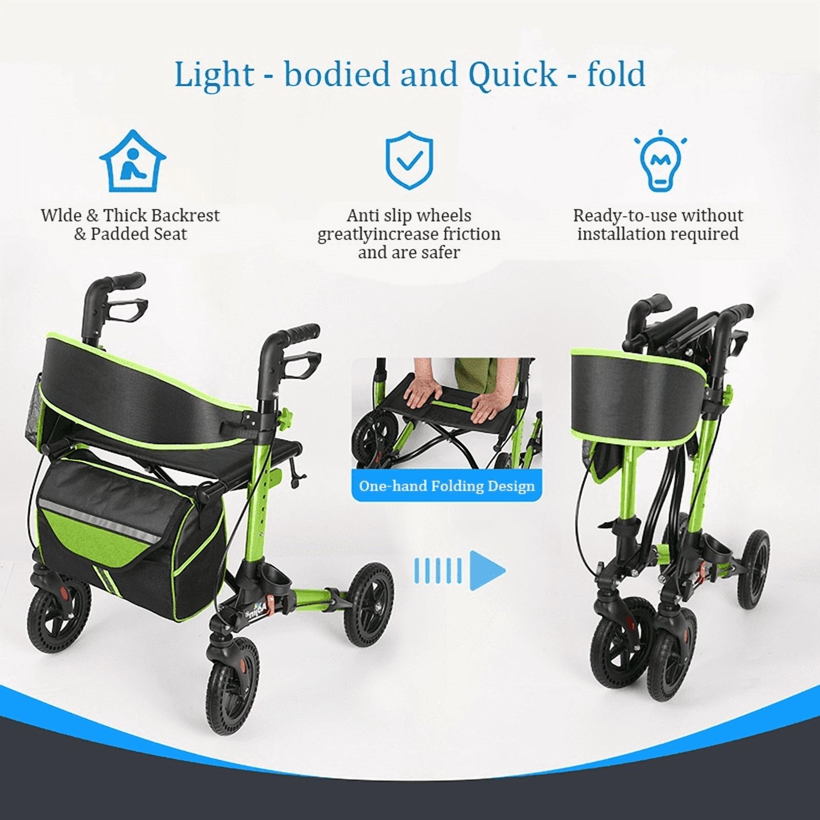 Aukfa Foldable Rollator Walkers with Seat,8" Big Wheels All Terrain Rolling Walker for Seniors,Green