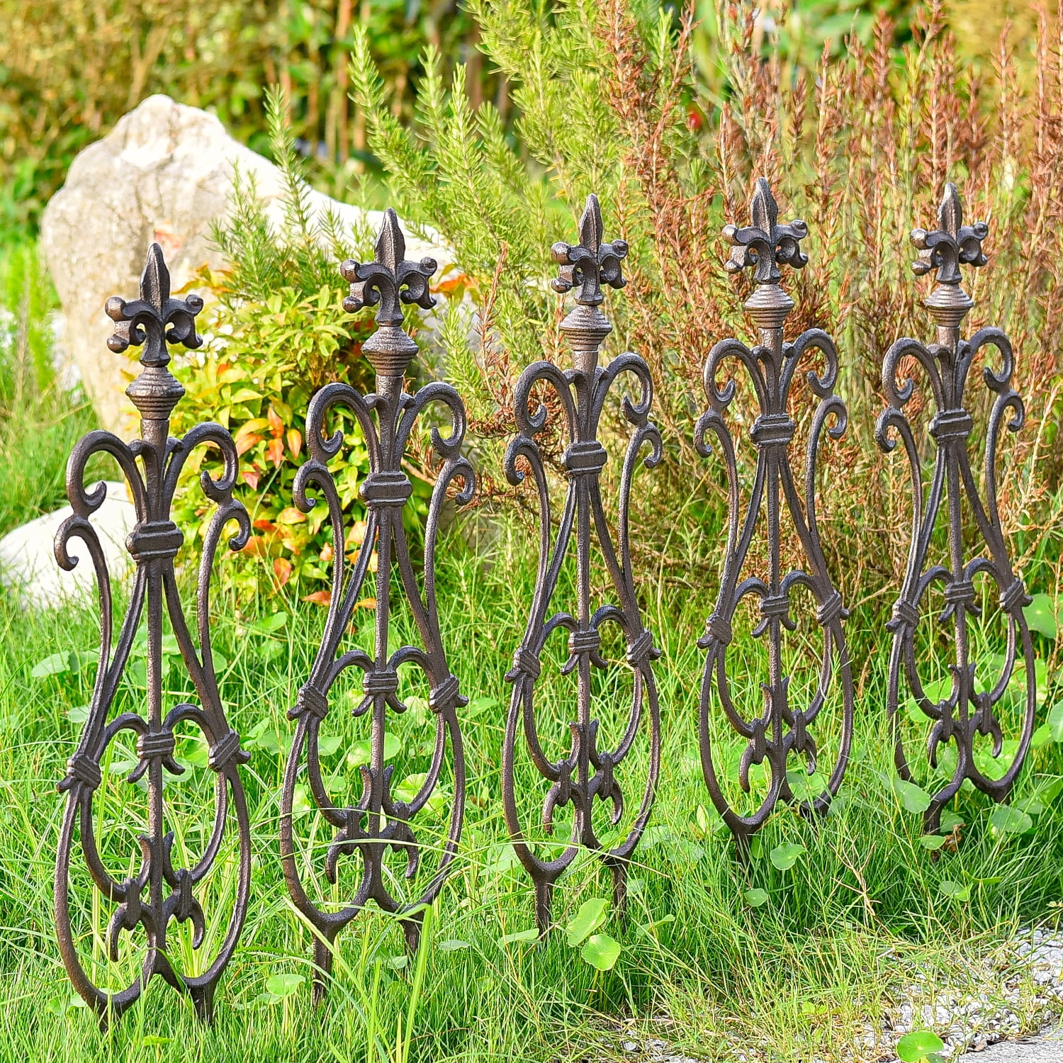 Sungmor Cast Iron Garden Edging Border, Flower Bed Landscape Picket Fence Panels, 28" x 7.6", 4 Count Brown