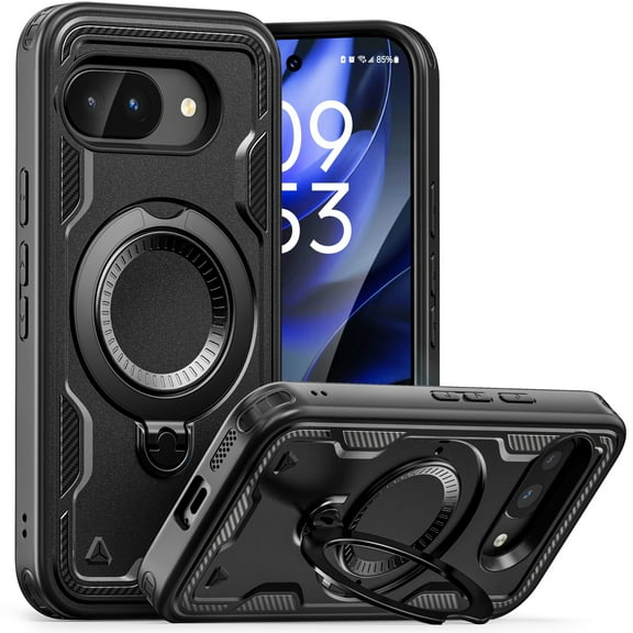 Encased for Google Pixel 9a Phone Case - Dual-Layer Protective Case with Rotating Magnetic Kickstand Ring (Compatible with MagSafe) Black