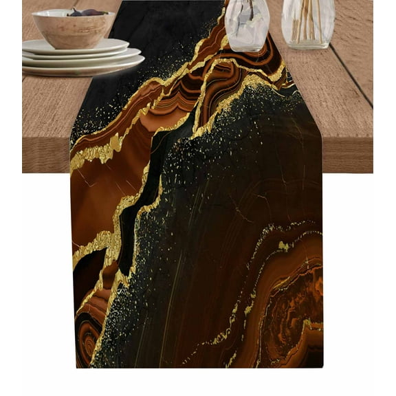 Brown Marble Table Runner Gold Abstract Vintage Modern Ombre Art Tablerunners 14 x 72 Inch, Table Decorations Tabletop Scarf for Summer Gathering Holiday Farmhouse Kitchen Dining Decor