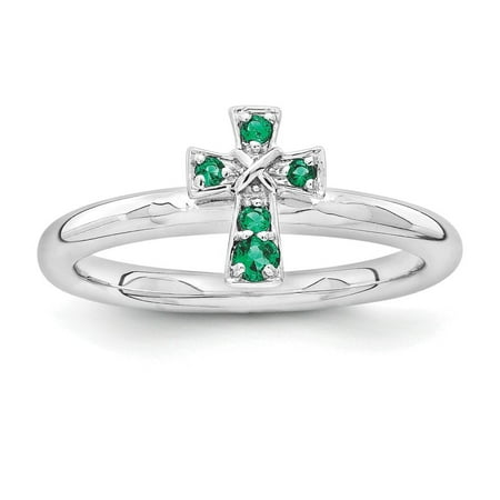 Created Emerald Cross - Sterling Silver Stackable Expressions Rhodium Created Emerald Cross Ring Size 7