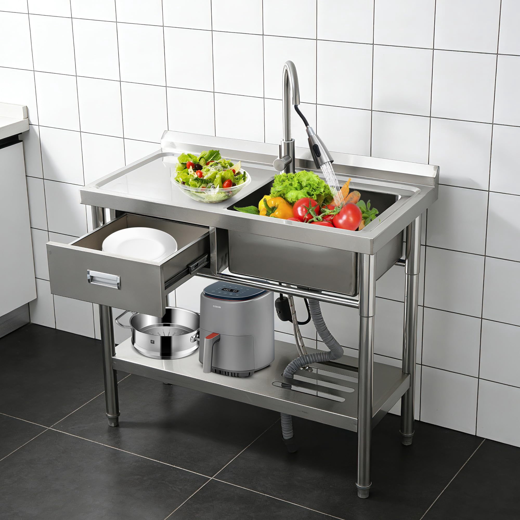 Accreate 39 Inch Single Bowl Stainless Steel Utility Sink, Free Standing Unit with Drawer, Workbench, Storage Rack, Faucet & Full Plumbing Set