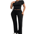 thumbnail image 6 of LYMAYTER Workout Two Piece Set‌ for Women Casual Short Sleeve Tops Fold Over Flare Pants Tracksuits S-XL, 6 of 9