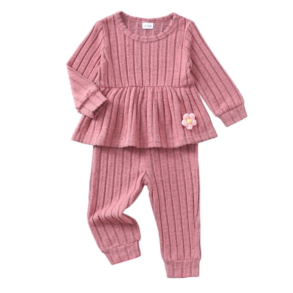 12 Months Baby Girls Clothes 18 Months Girls Fall Winter Outfits Set Solid Color Infant Girl Long Sleeve Sweatshirt Top Pants Set Pink