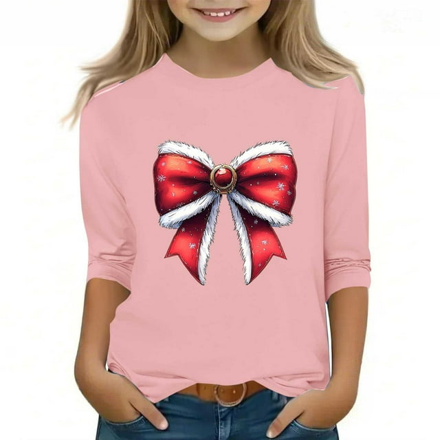 YUNAFFT T-Shirt Imprimé de Noël pour Garçons et Filles 3-12 Ans Manches Courtes/longues Col Rond 95 % Polyester 5 % Spandex Confort Extensible pour Fête de Vacances
