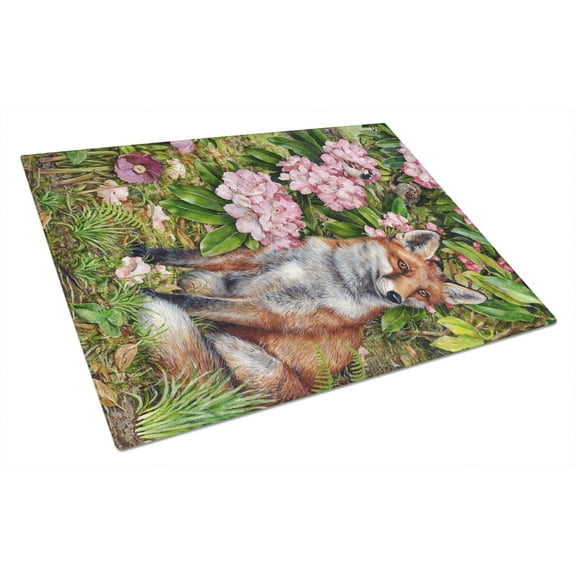 Fox Waiting in Flowers Glass Cutting Board Large