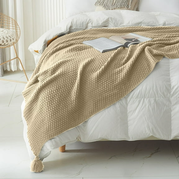 Taotanxi Throw Blanket Super Soft Cozy Fuzzy, Knitted Throw Blanket 37" x 39" for Couch Beige Blanket for Bed Sofa Chair Camping Travel (Khaki)