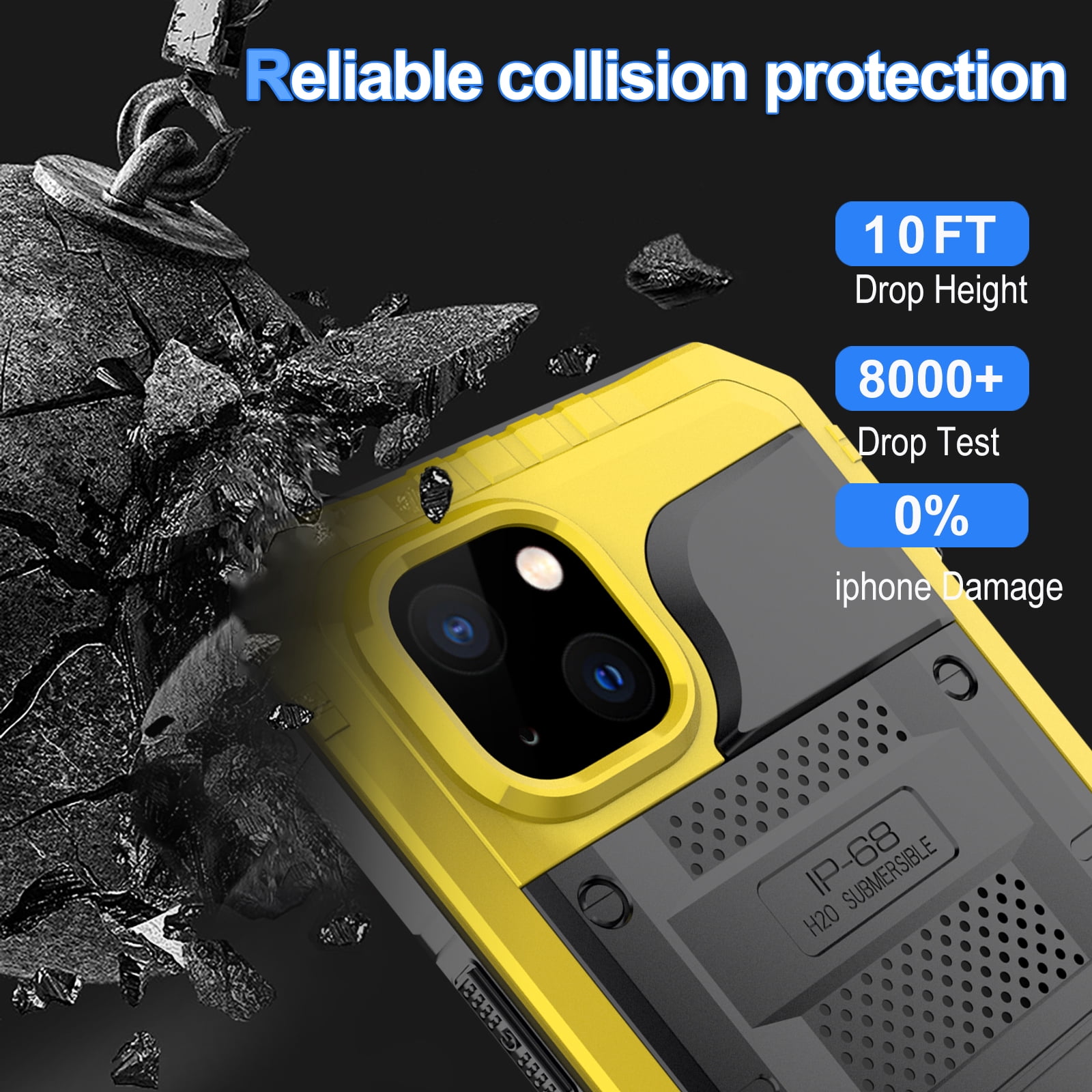 for iPhone 11 Case, Military Grade IP68 Waterproof Dustproof Shockproof Full Body Sealed Underwater Case with Built-in Screen Protector Heavy Duty Metal Rugged Defender Phone Case,Yellow